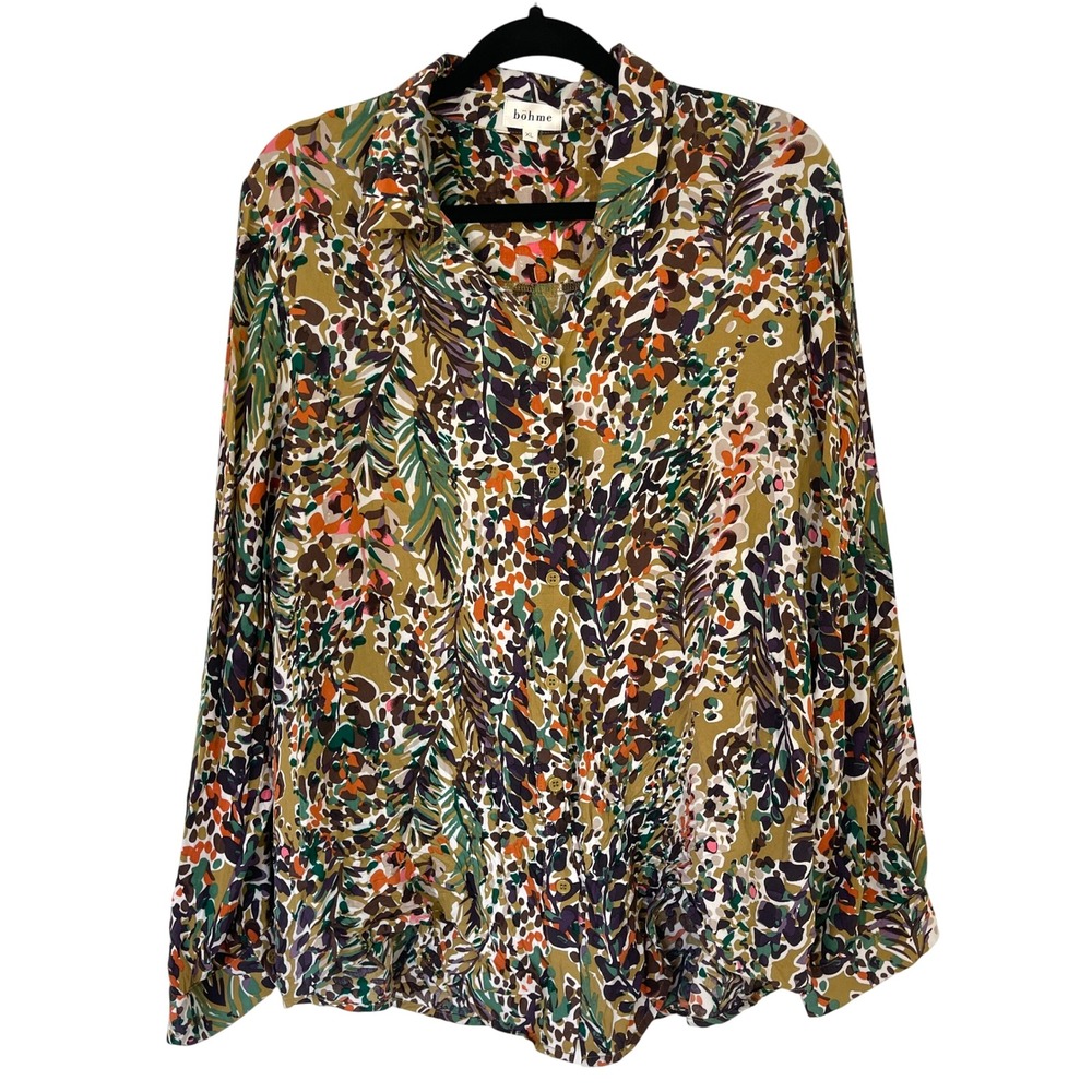 Bohme Botanical Print Button Up Long Sleeve Boho Blouse Women's Size XL